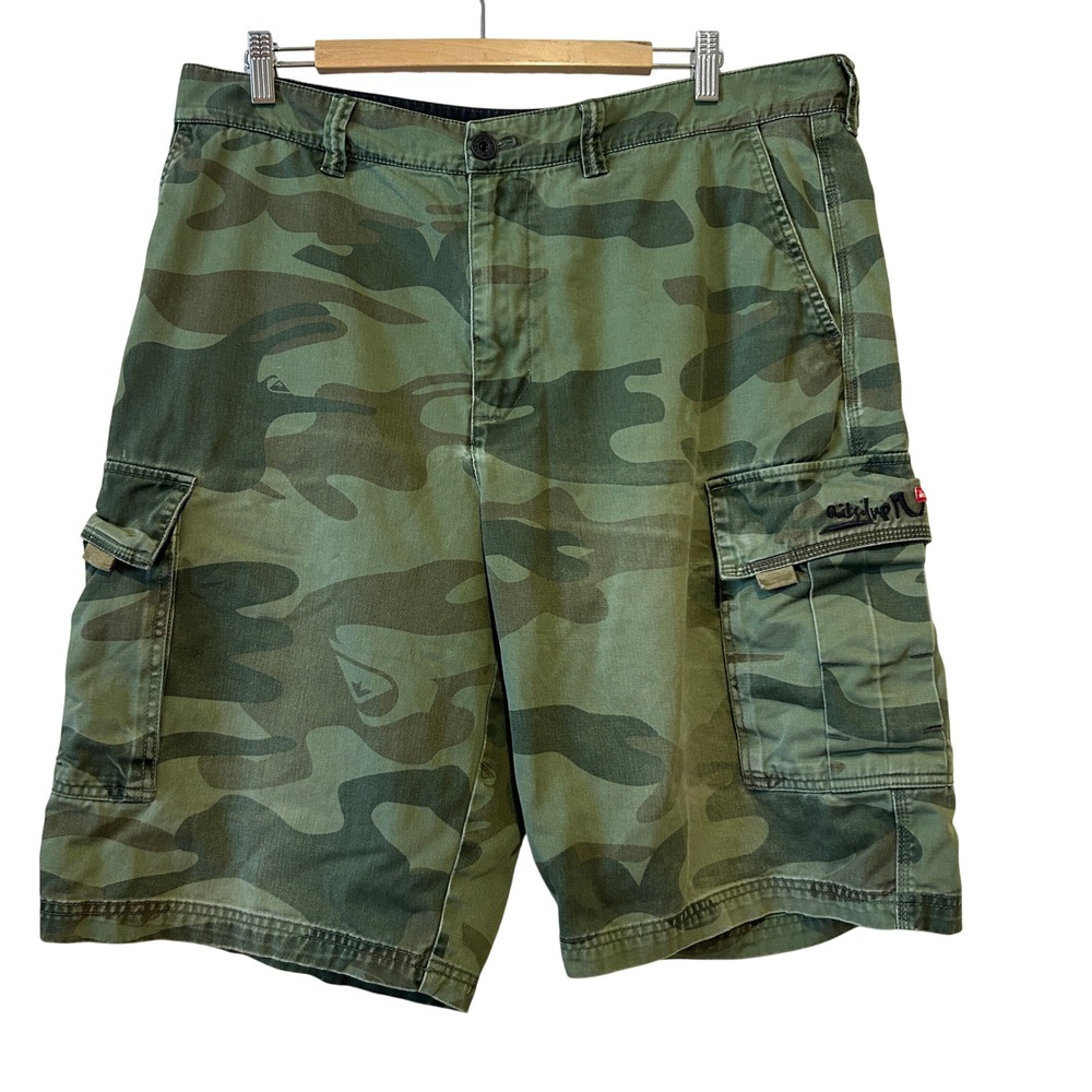 Quiksilver Mens Cargo Shorts Size 38 Green Camo Cotton Utility Skater Grunge